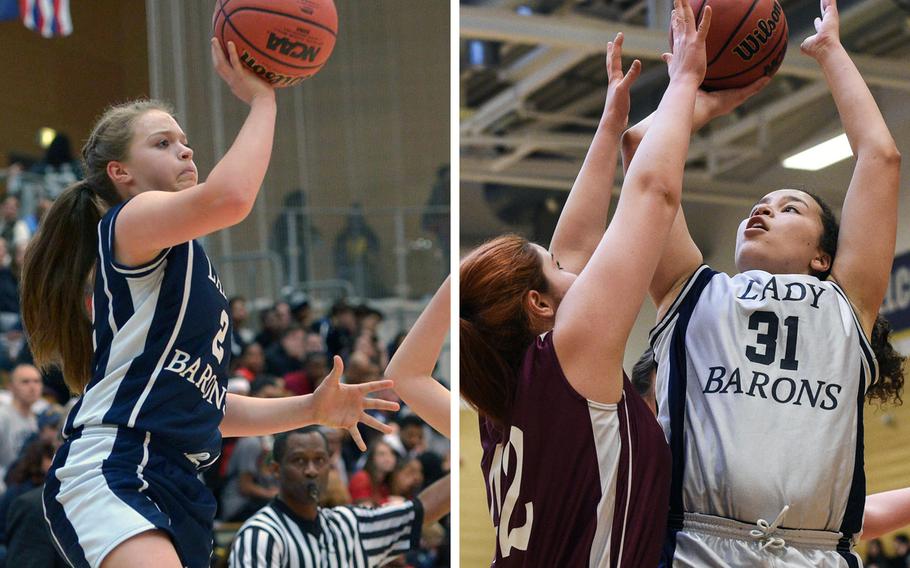 Bit burg's Alexa Landenberger, left, takes a shot in last season's Division II championship game against Black Forest Academy, while at right teammate Elise Rasmussen shoots a jumper over AFNORTH's Annalise Becheru in the semifinals.