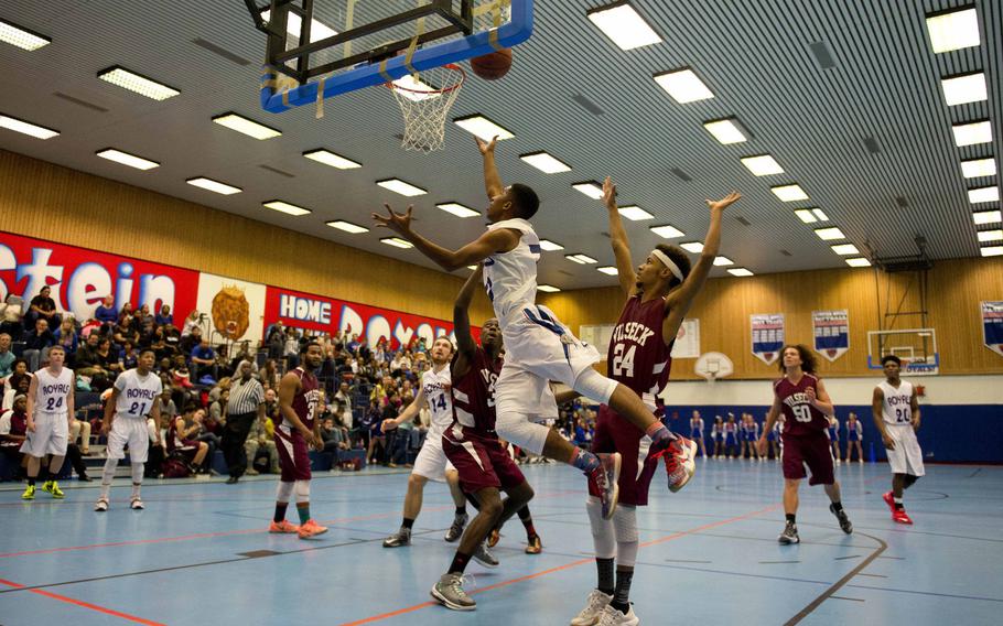 Ramstein Royal Keith Little goes in for a layup against Vilseck at Ramstein, Friday, Dec. 4, 2015. The Royals beat the visiting Falcons 51-33. Ramstein hosts SHAPE this weekend and Vilseck faces Wiesbaden at home.