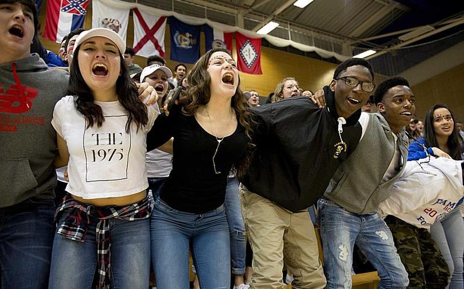 Ramstein Royals fans cheer during the DODDS-Europe Division I championship game in Wiesbaden, Germany, Saturday, Feb. 27, 2016. The Royals defeated the Kaiserslautern Raiders 54-46.