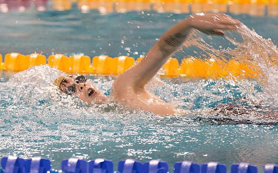 Stuttgart's Teddy Benard won the 200-meter individual medley to open the second day of the 2016 European Forces Swim League championships held in Eindhoven, Netherlands, Sunday, Feb. 28, 2016. Benard finished with a time of 3:37.58. 