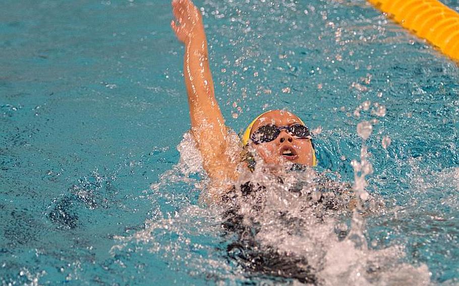 Vicenza's Maddie Davenport won the girls' 10-years-old 200-meter with a time of 3:02.04 during the second and final day of the 2016 European Forces Swim League championships held in Eindhoven, Netherlands, Sunday, Feb. 28, 2016. 