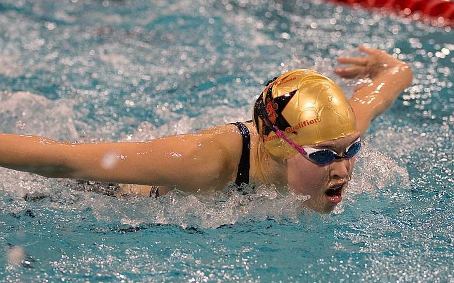 Stuttgart's Alexia Symak finished the girls' 200-meter individual medley with a time of 2:43.29 during the final day of the 2016 European Forces Swim League championships held in Eindhoven, Netherlands, Sunday, Feb. 28, 2016. 