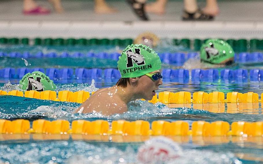 Naples' Stephen Traucht comes up for air during the boys' 13-14 year-old 200-meter individual medley during the second and final day of the 2016 European Forces Swim League championships held in Eindhoven, Netherlands, Sunday, Feb. 28, 2016. 