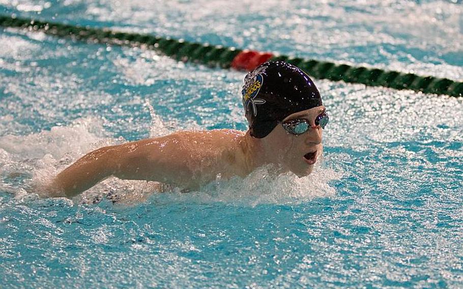 Wiebaden's C.J. Simmons finished the boys 13-14 200-meter individual medley with a time of 2:54.45. He, along with more than 480 other competitors, were part of the 2016 European Forces Swim League championships held in Eindhoven, Netherlands, Sunday, Feb. 28, 2016.