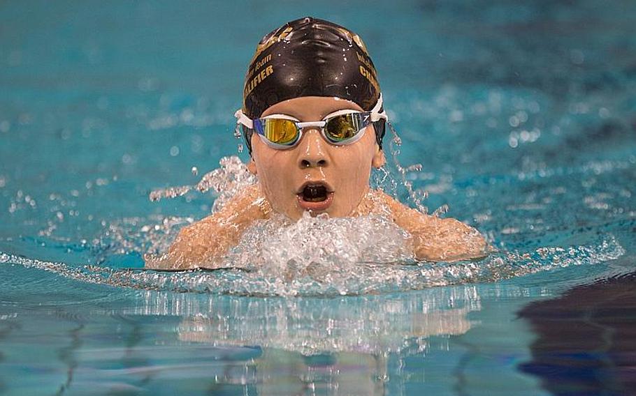 SHAPE's Maxime Moratona added to his string of victories at the European Forces Swim League championships held in Eindhoven, Netherlands. Here, Moratona is all alone in the lead of the boys' 9-year-old 200-meter individual medley, Sunday, Feb. 28, 2016. Moratona won that event with a 3:16.12. 