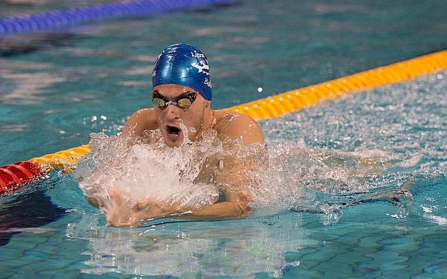 Isidro Carrara, a Lisbon Bullshark, conquered the boys' 17-19 200-meter individual medley during the final day of the 2016 European Forces Swim League championships that were held in Eindhoven, Netherlands, Sunday, Feb. 28, 2016. 