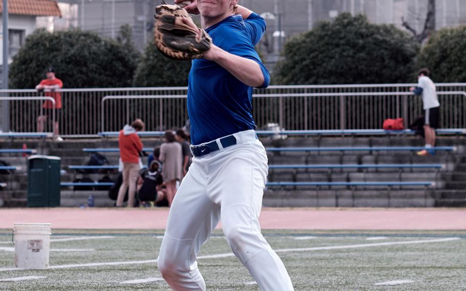 Yokota's Woody Woodruff leads infielder drills at Yokota Air Base, Japan March 9, 2016. Woodruff transferred to Yokota for his senior year after spending last season at Ramstein and being named All-Europe.