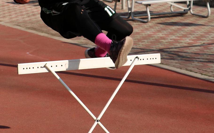 DeAndre Rosalie, a senior at Daegu, gets in some hurdle drills, Tuesday, March 15, 2016.