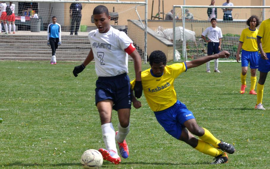Aviano's Lorenzo King scored two goals in the Saints' 3-1 victory over Ansbach in an April 2015 match.