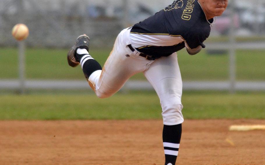 American School In Japan senior right-hander Tyler Sapsford struck out 10 batters in 5 2/3 innings of work, getting a win and a save in the Mustangs' doubleheader sweep of Kubasaki on March 18, 2016..