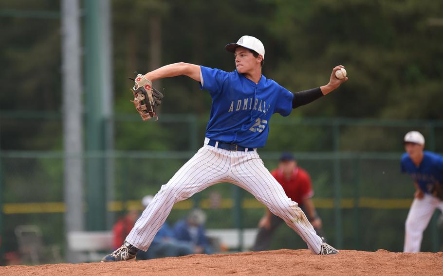 Rota's Zachary Heisler pitches against Ansbach in the last season's DODEA-Europe Division II/III baseball championship final.