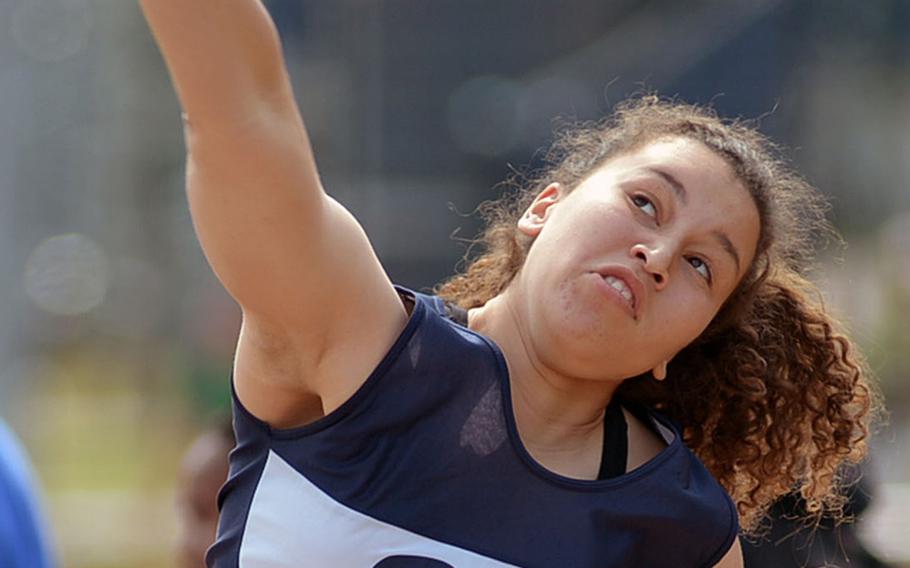 Bitburg's Elise Rasmussen won the girls shot put competition with a 32 feet, 9.50 inches at the DODEA-Europe track and field championships in Kaiserslautern, Germany, Friday, May 22, 2015.