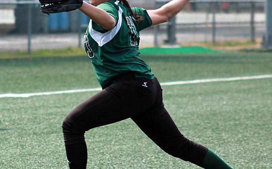 Right-hander AnaMalae Tia has averaged double-digits in strikeouts for Daegu against Division II opposition during the DODEA-Korea softball season.