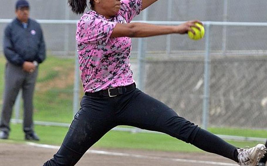 Right-hander Savannah Sparrow is one of two sophomores who serve as the primary pitching options for two-time defending Far East Division I Tournament champion Kadena.