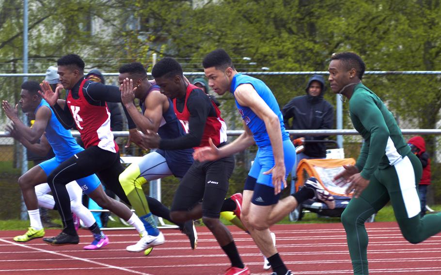 Spriners from six different schools get off to a good start in the 100-meter dash during a ten-team meet at Wiesbaden, Saturday, April 23, 2016. David Zaryczny of Kaiserslautern won the first heat and had the overall best time.