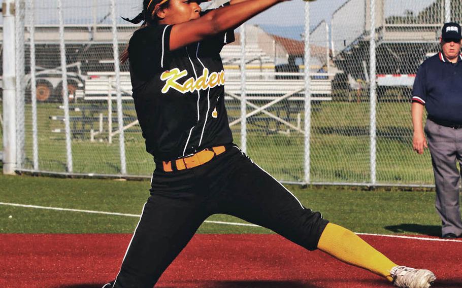 Kadena right-hander Savannah Sparrow kicks and delivers against ASIJ.