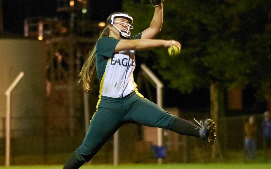 Edgren pitcher Brittany Crown winds up during the Far East Division II Softball Tournament championship game against Yokota at Yokota Air Base, Japan on Wednesday, May 17, 2016. Crown struck out 14 batters in the 3-2 loss and was named the tournament's Most Outstanding Player.