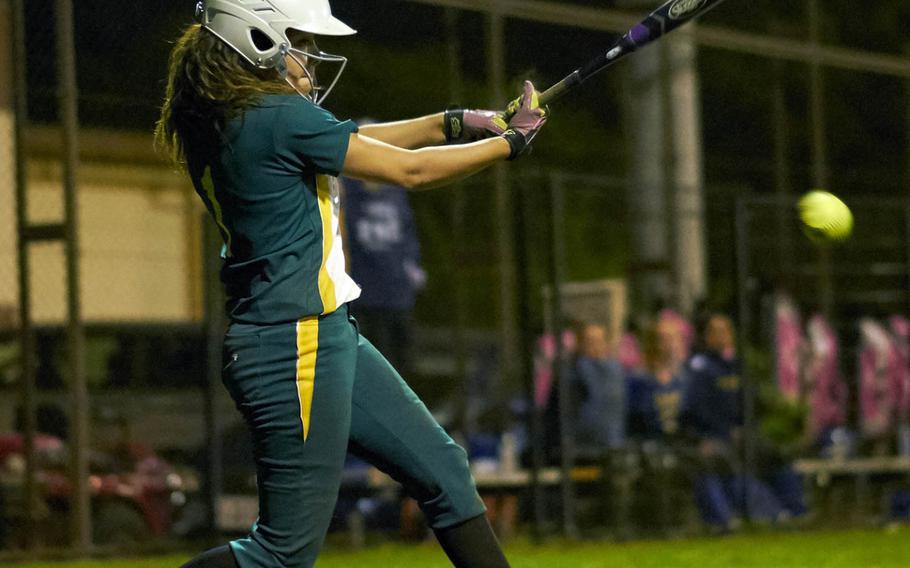 Edgren third baseman Raeven Moore slaps a single past third during the Far East Division II Softball Tournament championship game against Yokota at Yokota Air Base, Japan on Wednesday, May 17, 2016. Moore accounted for the entire Eagles offense recording a run and an RBI in the 3-2 loss.