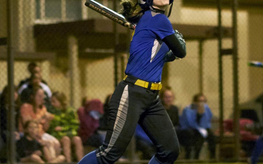 Yokota catcher Sally Lambie watches a shot to left go foul during the Far East Division II Softball Tournament championship game against Edgren at Yokota Air Base, Japan on Wednesday, May 17, 2016. Lambie broke the game open in the fourth with a solo inside-the-ballpark home run.