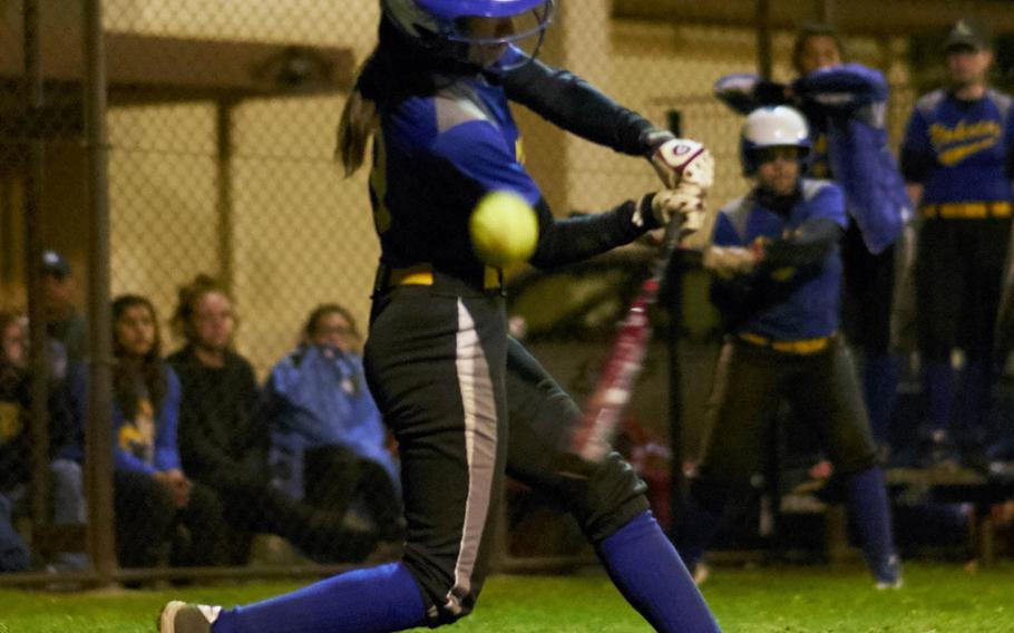 Yokota shortstop Kaia Austin swings and misses during the Far East Division II Softball Tournament championship game against Edgren at Yokota Air Base, Japan on Wednesday, May 17, 2016. Even Austin, the tournament Most Valuable Player and one of the most productive batters this season, fell victim to Edgren's pitching as she was one of the 14 batters sent back to the dugout on strikes.