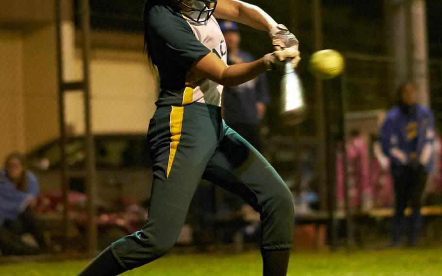 Edgren second baseman Alexis Garado connects during the Far East Division II Softball Tournament championship game against Yokota at Yokota Air Base, Japan Wednesday, May 17, 2016. Garrado's Eagles would fall short in the title game, though, losing to Yokota 3-2.