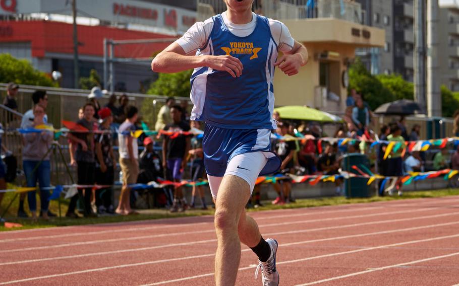 Yokota's Daniel Galvin finishes first in the 1,600 meter final during the Far East Championships on Thursday, May 19, 2016 at Yokota Air Base, Japan.