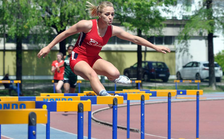 Aviano's Ellie Prewitt won the 300-meter hurdles in 54.04 seconds and also won the high jump and 100 hurdles for the Saints on April 30, 2016.