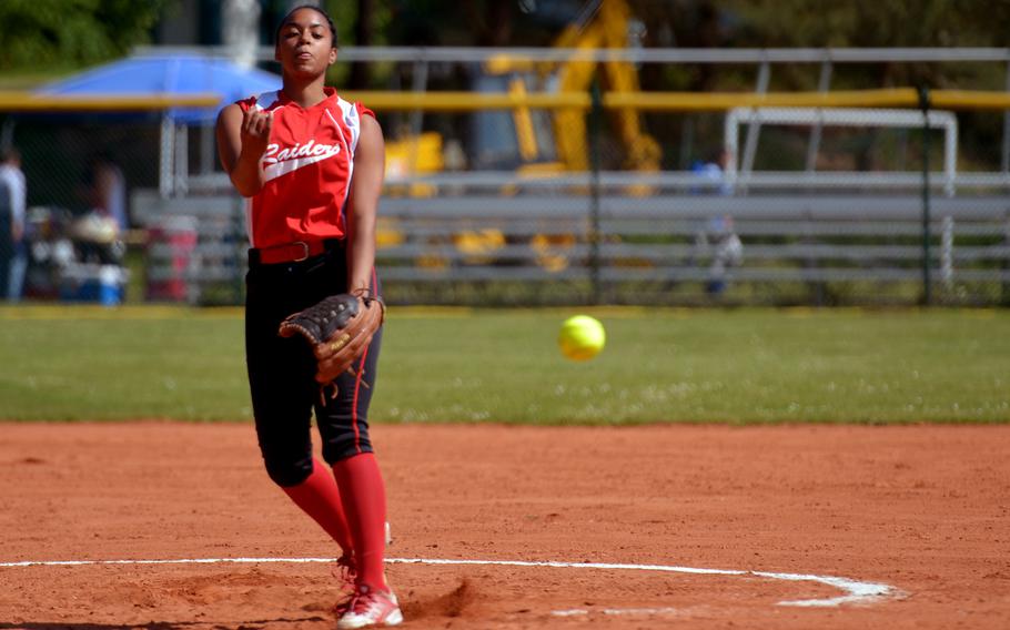 Kaiserslautern's Tori Liggins throws a pitch in a game against Vilseck on opening day of the DODEA-Europe softball championships in Ramstein, Germany, Thursday May 26, 2016. Liggins has been selected as Stars and Stripes Athlete of the Year for softball.