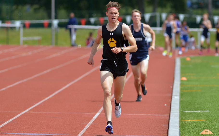 Stuttgart's Hunter Ficenec heads in to the last lap of the boys 1,600-meter race at the DODEA-Europe track and field championships in Kaiserslautern, Germany, Friday, May 27, 2016. He won the race in a new DODEA-Europe record of 4 minutes, 23.30 seconds, and is the Stars and Stripes boys track and field Athlete of the Year.