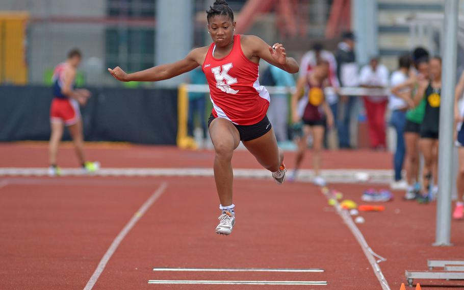 Kaiserslautern's Jada Branch won the girls triple jump, soaring 38 feet, 1 inch at the DODEA-Europe track and field championships in Kaiserslautern, Germany, Friday, May 27, 2016.