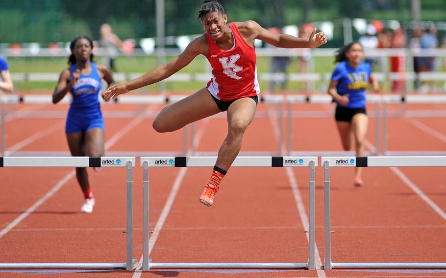 Kaiserslautern's Jada Branch clears the last hurdle on her way to winning the girls 300-meter hurdles event at the DODEA-Europe track and field championships in Kaiserslautern, Germany, Saturday, May 28, 2016. She won in 45.38 seconds to capture her third gold of the championships.