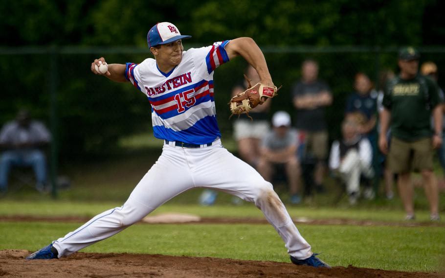 Ramstein's Jonnny Oswald throws a pitch during the DODEA-Europe baseball tournament at Ramstein Air Base, Germany, on Friday, May 27, 2016. Oswald has been selected as Stars and Stripes Athlete of the Year for baseball.