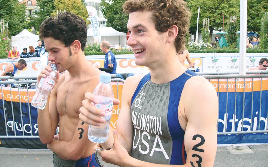 U.S. junior national triathlon team athletes Greg Billington (23) and Zachary Paris discuss their experiences in the World Triathlon Championships in Lausanne, Switzerland, in 2006. Billington, a senior at Lakenheath High School and the defending Department of Defense Dependents Schools-Europe cross country champion, finished 42nd in the 93-racer field; Paris finished 58th.
