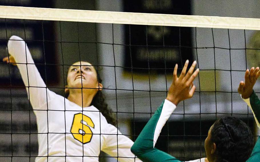 Sophomore middle blocker Saj McBurrows is what coach Joanna Wyche hopes will become a difference maker for Kadena volleyball, which has not had a consistent scorer, blocker and shot changer in the middle for many years.