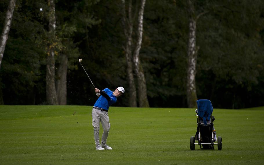 Wiesbaden's Bryan Cortese shoots up the fairway during the DODEA-Europe golf championship at Rheinblick golf course in Wiesbaden, Germany, on Thursday, Oct. 6, 2016.