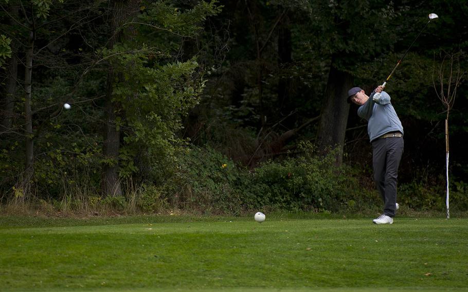 Kaiserslautern's Kaden Senkbeil tees off during the DODEA-Europe golf championship at Rheinblick golf course in Wiesbaden, Germany, on Thursday, Oct. 6, 2016.