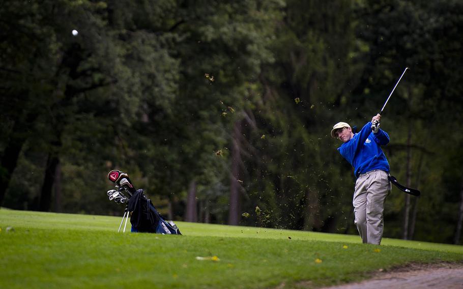 Ramstein's Jonathan Ciero takes a shot on the fairway during the DODEA-Europe golf championship at Rheinblick golf course in Wiesbaden, Germany, on Thursday, Oct. 6, 2016.