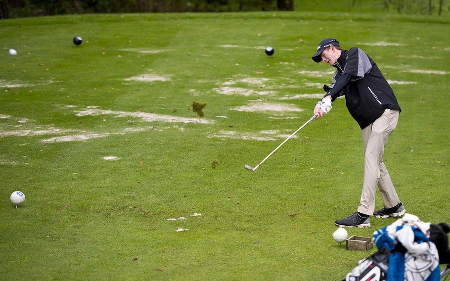 Stuttgart's Jordan Holifield tees off during the DODEA-Europe golf championship at Rheinblick golf course in Wiesbaden, Germany, on Thursday, Oct. 6, 2016.