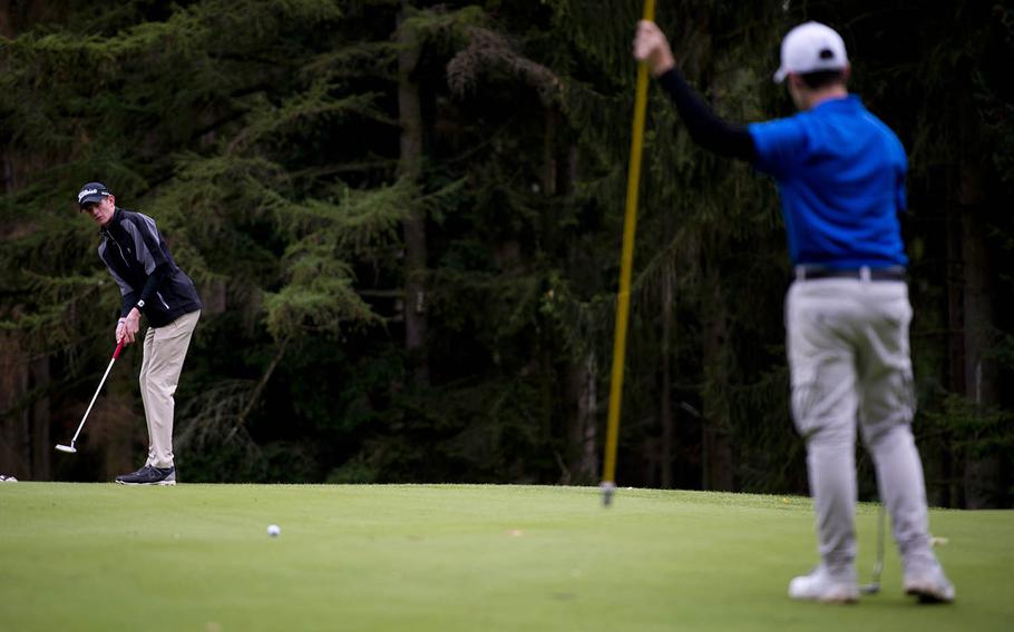 Stuttgart's Jordan Holifield watches his putt during the DODEA-Europe golf championship at Rheinblick golf course in Wiesbaden, Germany, on Thursday, Oct. 6, 2016. Holifield has won the past four championships in a row.