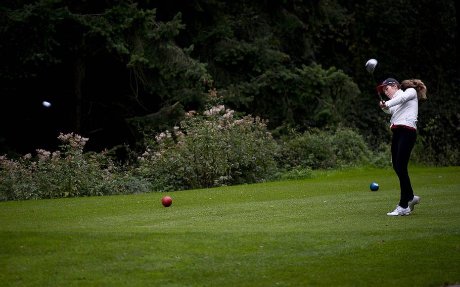 Kaiserslautern's Jasmin Acker tees off during the DODEA-Europe golf championship at Rheinblick golf course in Wiesbaden, Germany, on Thursday, Oct. 6, 2016. Acker won the championship two years in a row.