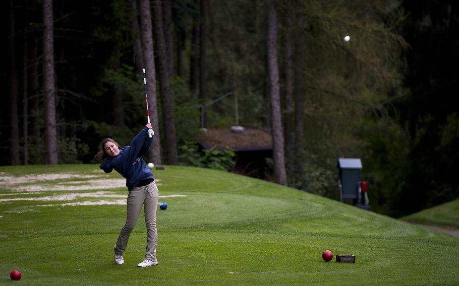 Bitburg's Leigha Daryanani tees off during the DODEA-Europe golf championship at Rheinblick golf course in Wiesbaden, Germany, on Thursday, Oct. 6, 2016.