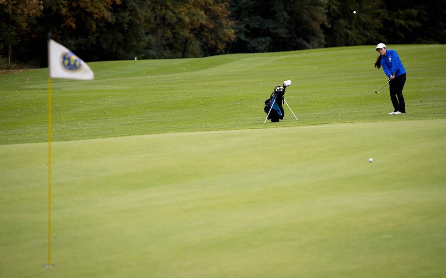 Ramstein's Phoebe Shin chips to the green during the DODEA-Europe golf championship at Rheinblick golf course in Wiesbaden, Germany, on Thursday, Oct. 6, 2016.