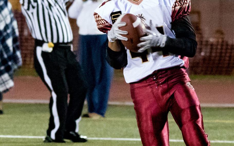 Touchdown! Matthew C. Perry senior Caeleb Ricafrente runs into the end zone Friday, Oct. 7, 2016, for one of two TDs he scored against Robert D. Edgren, giving him a Pacific-leading 18 on the season.