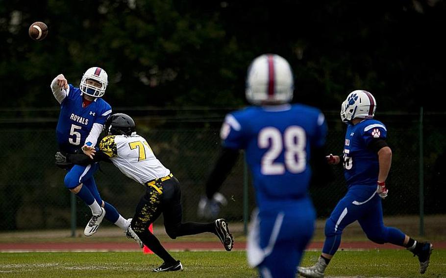 Ramstein's Trevor Miller passes the ball at Ramstein Air Base, Germany, on Saturday, Oct. 15, 2016.
