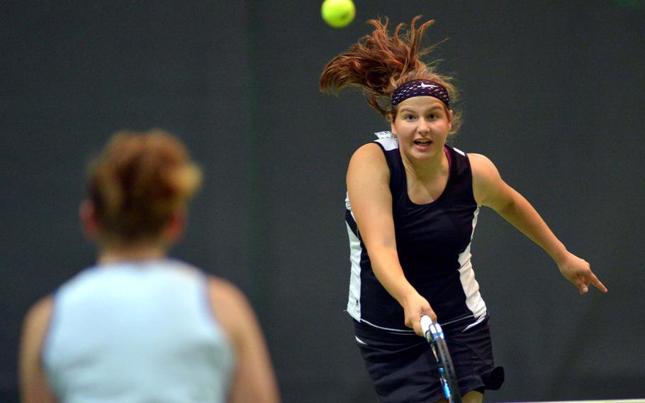 Vicenza's Kiki Sibilla slams the ball over the net in a doubles match at last year's DODEA-Europe tennis championships. A runner-up in the doubles competition, Sibilla will be competing in the singles when the 2016 event gets under way Thursday in Wiesbaden, Germany.