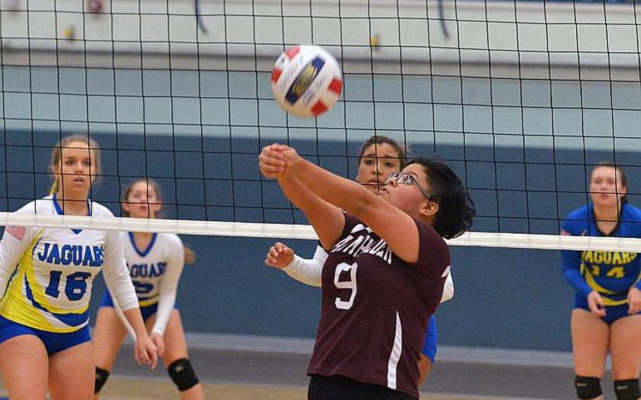 Baumholder's Marisol Espinoza bumps the ball in the Division III final against Sigonella at the DODEA-Europe volleyball championships in Kaiserslautern, Germany, Saturday, Nov. 5, 2016. Sigonella beat the Bucs 25-11, 25-21, 25-16 to take the title.