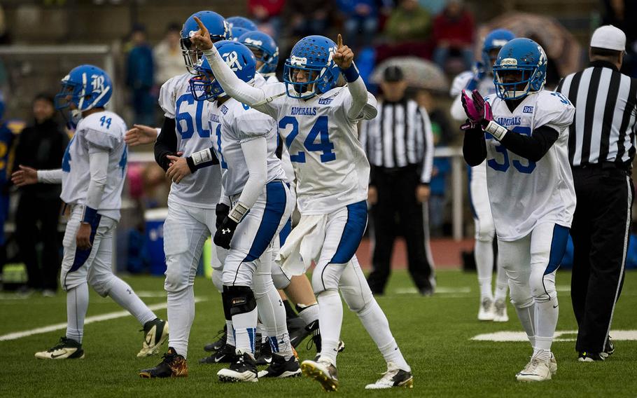 The Rota Admirals celebrate winning the DODEA-Europe Division II championship at Vogelweh, Germany, on Saturday, Nov. 5, 2016. Rota defeated the Ansbach Cougars 28-7.