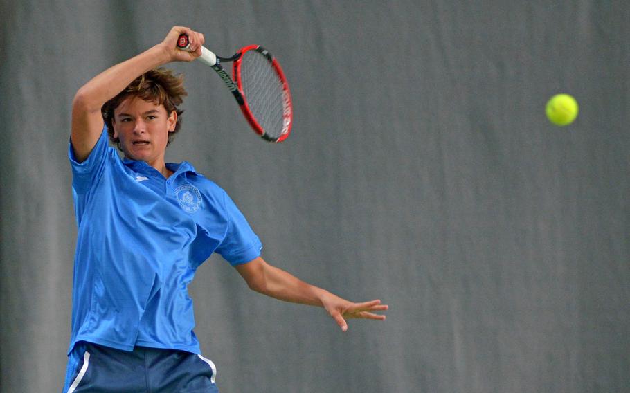 Marymount's Mathias Mingazzini returns a shot from Florence's Francesco Londono in the boys final at the DODEA-Europe tennis championships in Wiesbaden, Germany, Saturday Oct. 29, 2016. Mingazzini won 6-1, 6-4. He has been selected as the Stars and Stripes boys tennis athlete of the year in Europe.