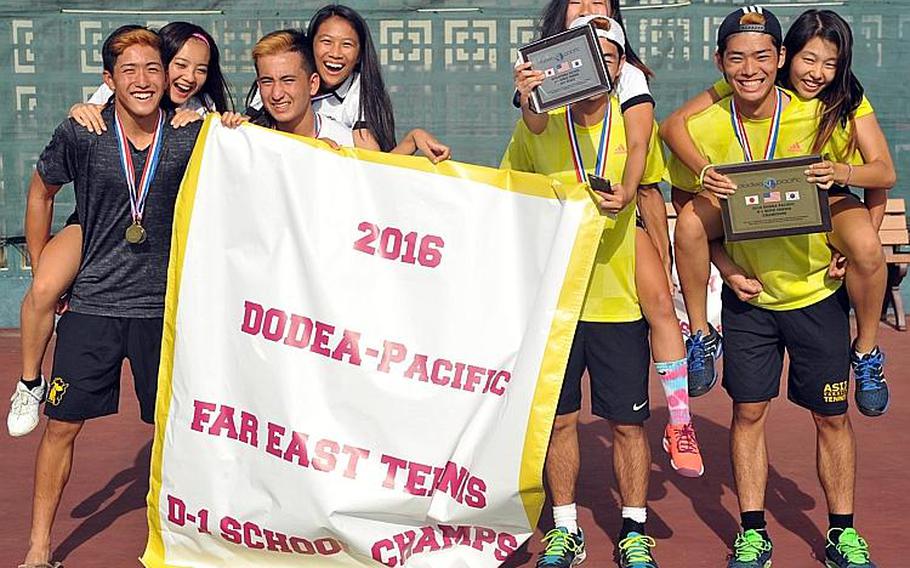 American School In Japan repeated as overall Far East tennis tournament Division I school champion. The Mustangs are Marei Karasawa, Erin Chang, Nana Yoshimura and Eriya Hara, and Noah Inahara, Leon Hoy, Ren Niikura and Billy Fujii.