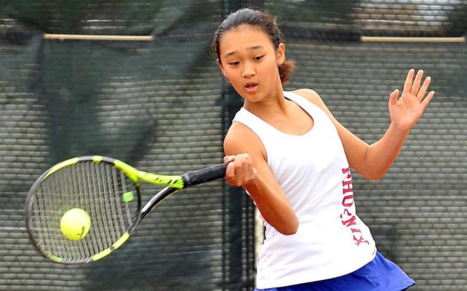 Seisen freshman Sarah Omachi finished second to teammate Matilde Piras in the Far East tennis tournament girls singles final, then teamed with Piras to win the girls doubles.